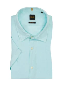 BOSS ORANGE Kurzarmhemd Aus Leinen, Regular Fit, Türkis