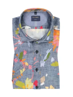 OLYMP Kurzarmhemd Aus Leinen Mit Allover-Print , Blau