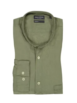 Leinenhemd Mit Stehkragen, Oliv